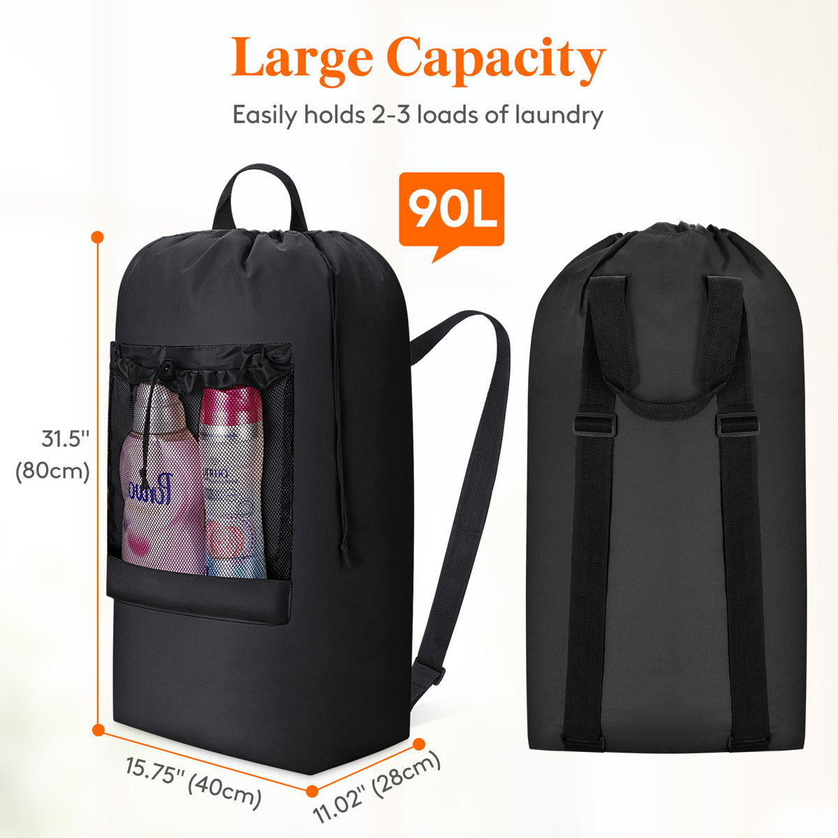 90L Laundry Bag, Extra Large Laundry Backpack with Shoulder Straps and Mesh Pocket for Laundromat, Heavy Duty Laundry Bag Backpack for Dirty Clothes for College Dorm/Travel/Apartment, Black